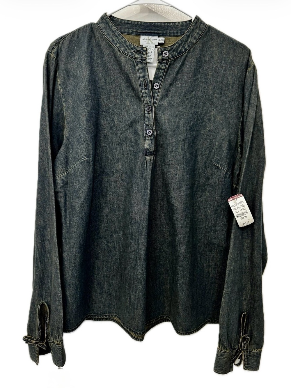Calvin Klein Vintage Denim Button-Front Casual Shirt Dark Blue Womens XL NWT $55